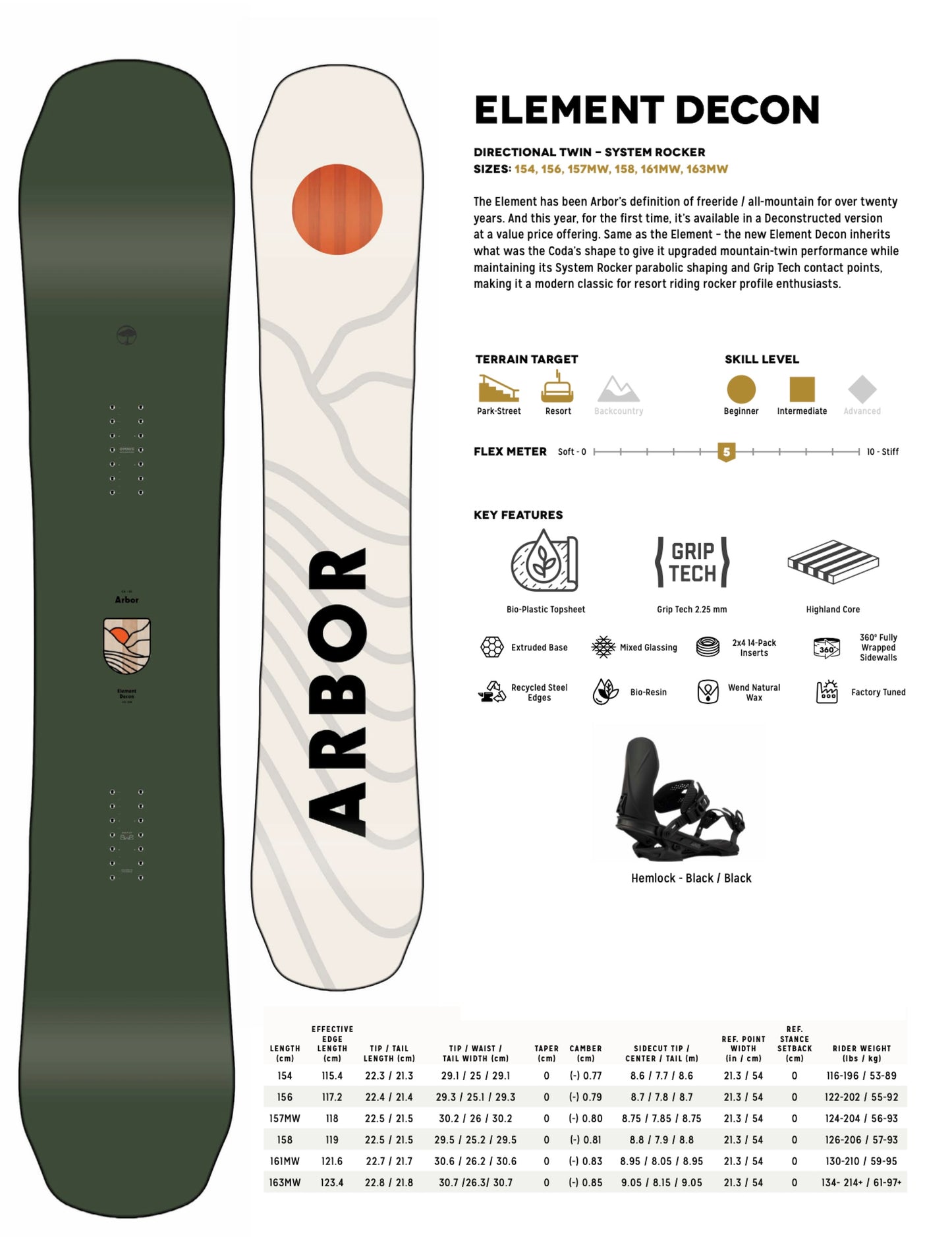 Arbor Element Decon Snowboard + Hemlock Binding | 2025